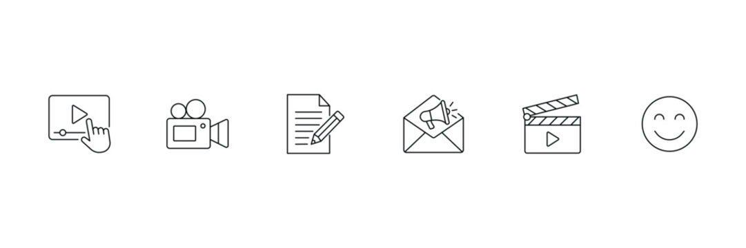 Video production content creation newsletter marketing and blogging multimedia line icons vector illustration.
