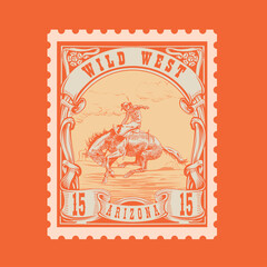 Obraz premium Vintage Wild West Cowboy Rodeo Postage Stamp Vector - Arizona