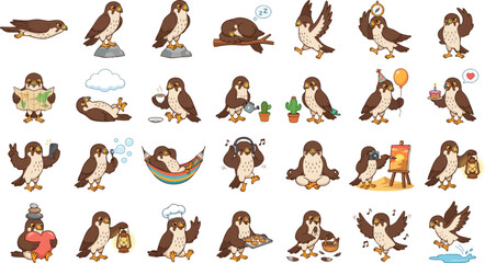 Obraz premium Cute Falcon Cartoon Activity Set – Fast Flying Bird Vector