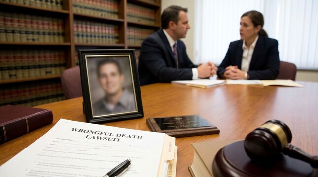 Framed photo on lawyer desk with legal file gavel and attorney consulting family about wrongful death claim and compensation.