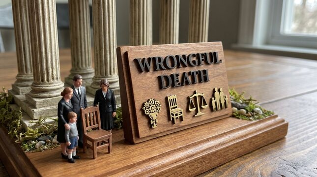 Miniature courthouse scene with a wrongful death claim book and figurine family symbolizing legal action for fatal negligence.