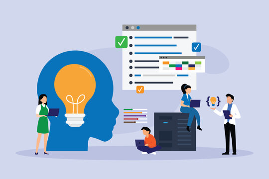 Creative Tech Team and AI Idea Generation 2d flat vector illustration