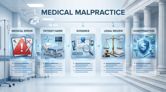 Medical malpractice labeled explanation educational graphic showing icons for medical error patient harm evidence legal review and compensation in a clinical setting.
