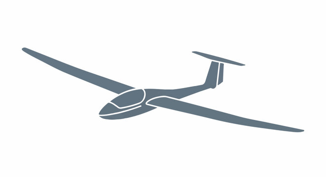 A stylized blue glider aircraft flying against a white background