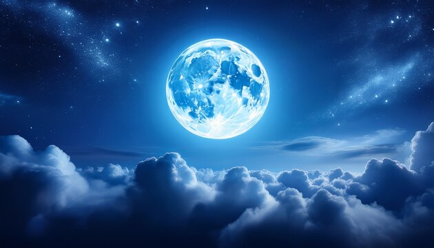 A Dreamy Blue Moon Shines Brightly Amidst The Night Sky And Clouds