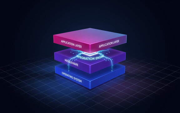 3 d stacked layers of computer system architecture, application, integration, middleware, and operating system