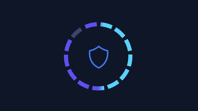 Animated digital interface featuring a shield icon surrounded by a circular progress indicator on a dark background, representing cybersecurity, protection, authentication, and secure system operation