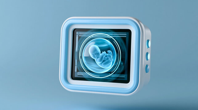 3D icon of an ultrasound machine displaying a baby scan image, prenatal medical equipment and technology concept, isolated on transparent background, with copy space