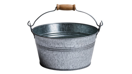 Isolated rustic galvanized metal bucket with a natural wood handle, old silver pail © Francisco