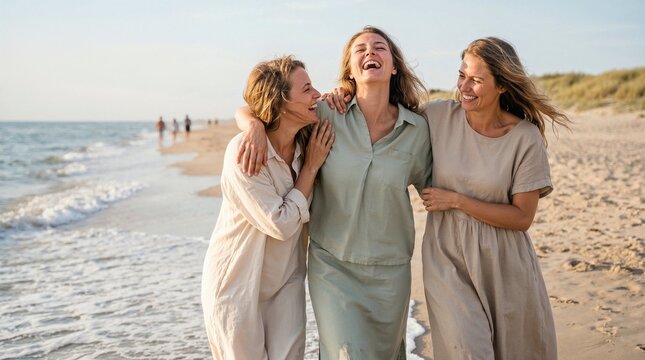 Three happy women friends laughing together walking on sandy beach by ocean, summer vacation, friendship and carefree lifestyle concept.