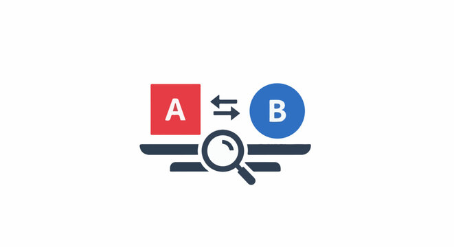 Computer screen shows A/B testing analysis with magnifying glass