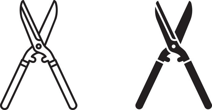Garden shears icon set featuring outline and solid hedge trimmer vectors for landscaping