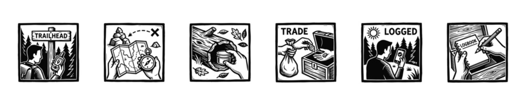 Geocaching icons showing steps of the treasure hunt adventure