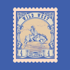 Obraz premium Vintage Wild West Cowboy Rodeo Postage Stamp Vector - Oklahoma