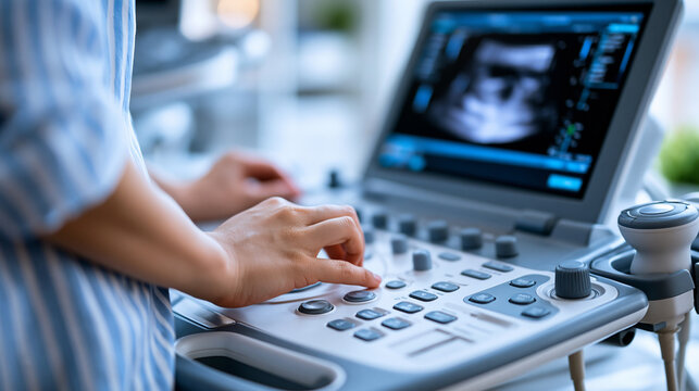 Close-up of an ultrasound machine displaying a fetal image with an anonymous hand operating the controls, medical technology and prenatal care concept, faceless, defocused, with