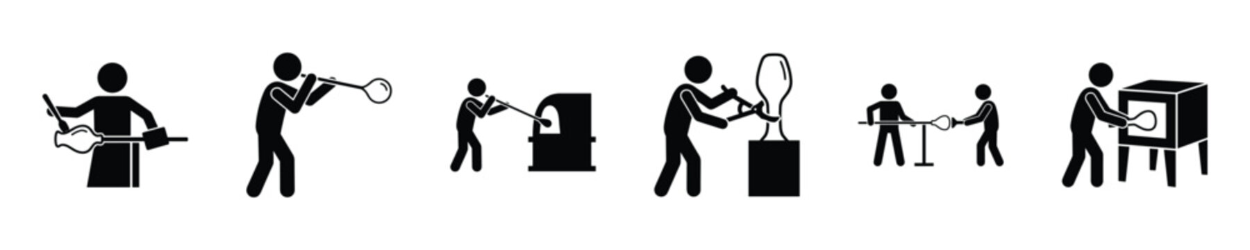 Glassblowing process icons showing artisans shaping molten glass with tools