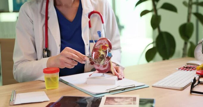 Doctor looks at kidney model through magnifying glass in hospital. Woman physician with urine sample tests human body organ in clinic slow motion