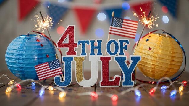 Sparkling fourth of july decorations including a blue lantern, an american flag, a yellow lantern, and string lights on a wooden surface.