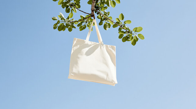 Blank white canvas tote bag hanging from tree branch against blue sky, eco friendly reusable shopping mockup with copyspace