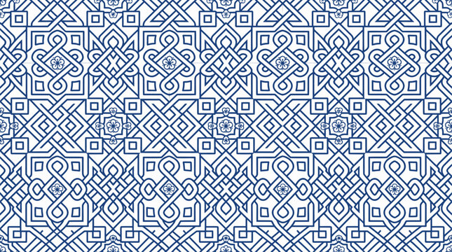 A seamless blue and white tile pattern featuring geometric Celtic knotwork and small floral motifs