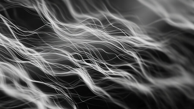 Wallpaper background of flowing white abstract lines on black texture