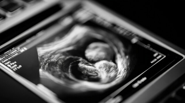 Monochrome ultrasound scan showing fetus development inside the womb on a dark background, medical diagnostics and prenatal health concept, defocused, with copy space