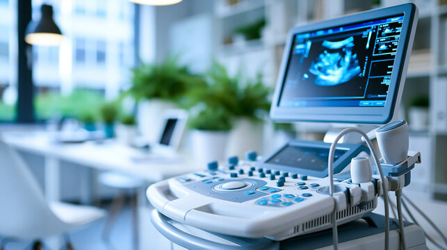Ultrasound machine displaying a fetal image in a modern medical office, prenatal technology and obstetric care concept, defocused, with copy space