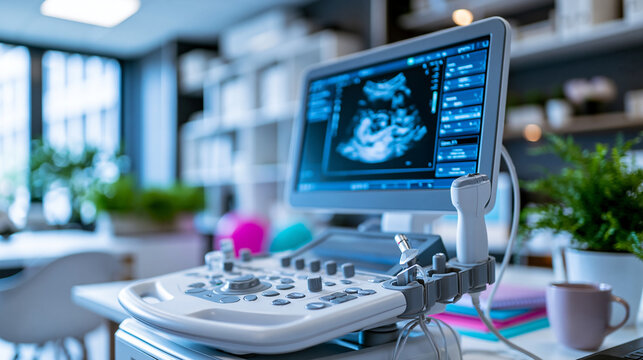 Ultrasound machine displaying a fetal image in a modern medical office, prenatal technology and obstetric care concept, defocused, with copy space