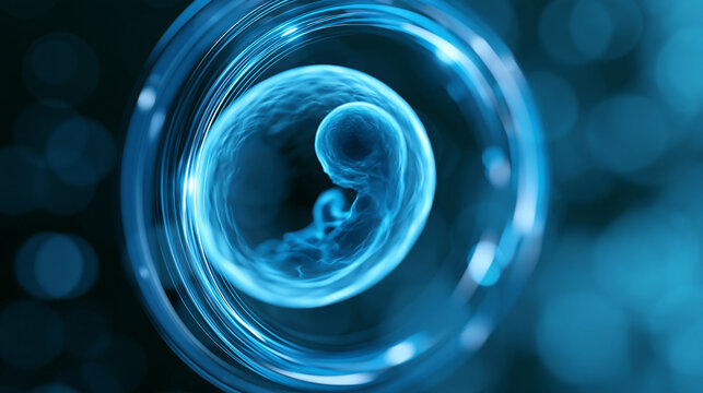 Abstract artistic visualization of a fetal silhouette glowing inside an ultrasound-style circular frame, prenatal life and parenthood concept, defocused background, with copy space