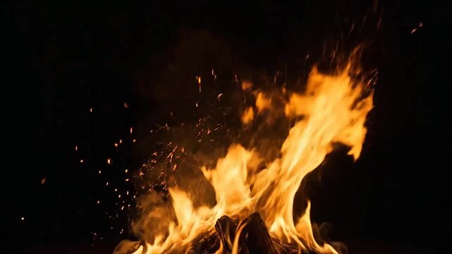 Bright orange flames rise from a burning fire against a dark background