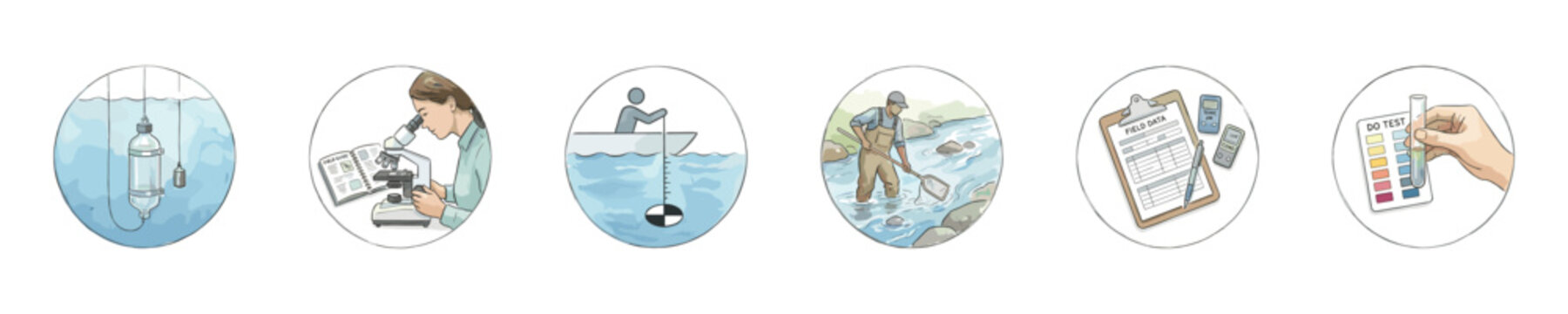 Illustrations depicting various water quality testing methods and techniques