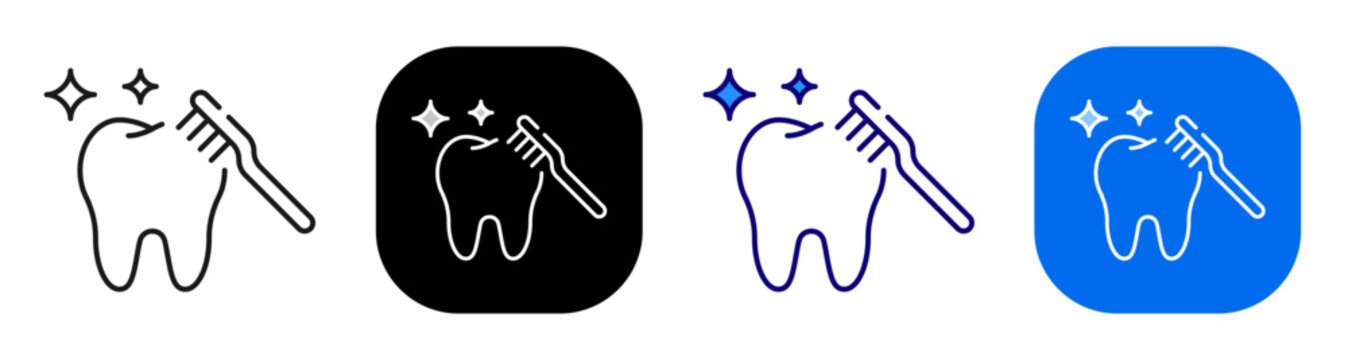 Toothbrush cleaning tooth representing dental hygiene and oral care routine. Line, filled, black, color set. Editable stroke