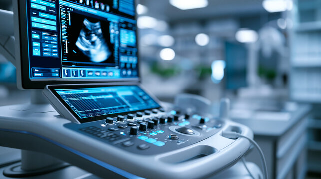 Advanced ultrasound technology detecting fetal abnormalities on a digital monitor screen, prenatal diagnostics and maternal health concept, defocused clinical background, with