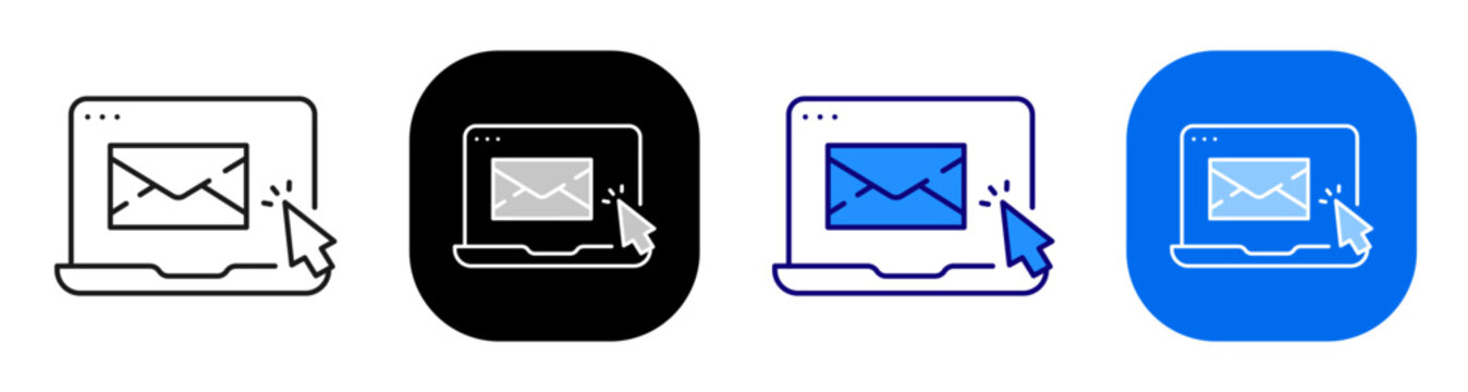 Laptop email click concept representing online mail selection and message access. Line, filled, black, color set. Editable stroke