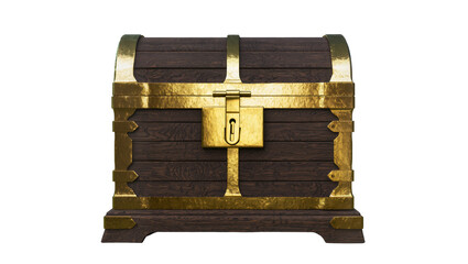 Isolated ornate wooden treasure chest with golden accents and lock, front view, old fantasy box © Francisco