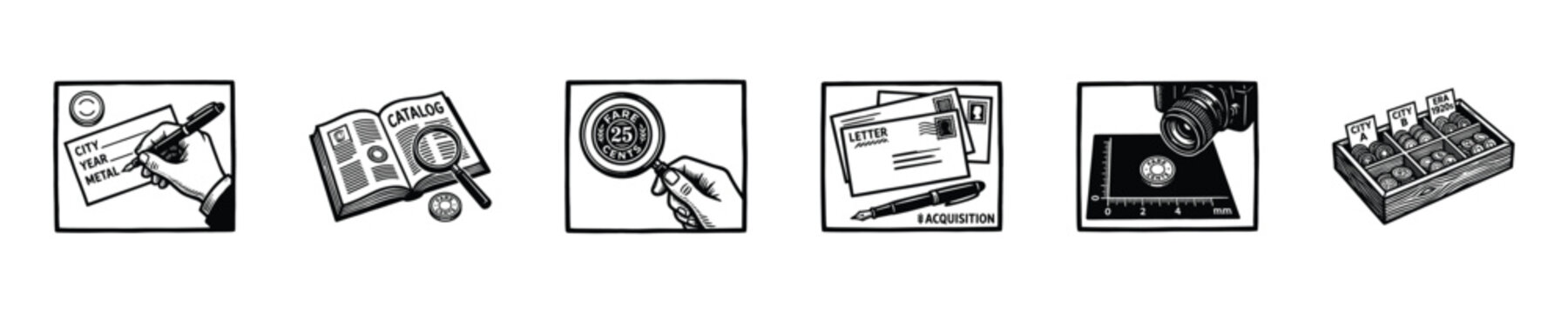 Coin collecting activities: cataloging, examining, and storing coins
