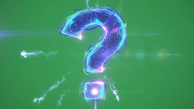 A glowing question mark symbol floats against a vibrant green background