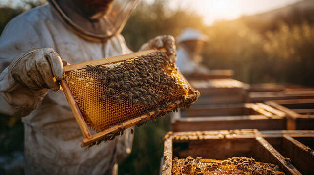 Beekeeper holding honeycomb frame near beehives in warm sunlight, natural honey harvest and sustainable apiculture scene