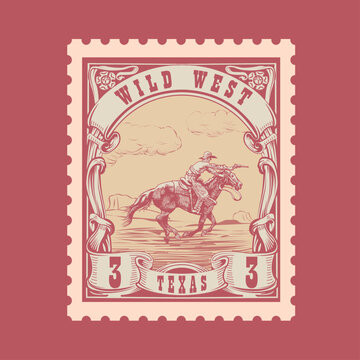Vintage Wild West Cowboy Rodeo Postage Stamp Vector - Texas