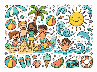 Fototapeta premium Smiling characters with sun and waves doodle illustration