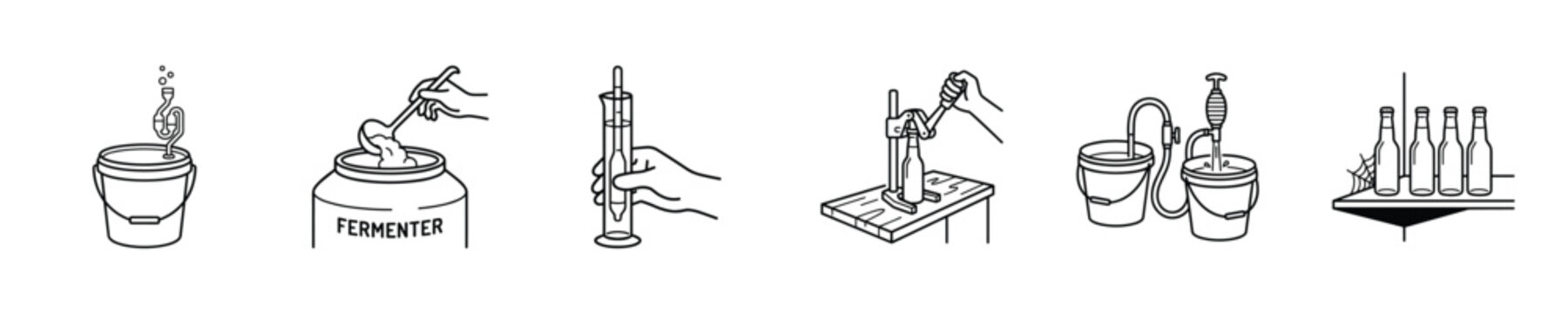 Home brewing process steps illustrated with line art icons