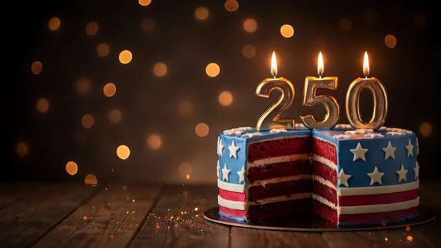 Patriotic cake adorned with red white and blue icing displaying golden numerals two hundred fifty on rustic wooden surface with soft blurred glowing golden lights in dark background view.