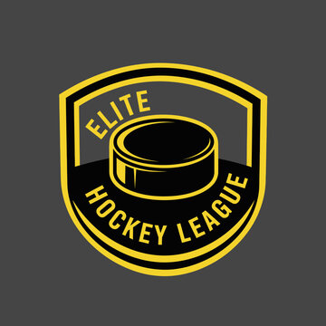 Elite Hockey League Emblem With Puck And Shield Design