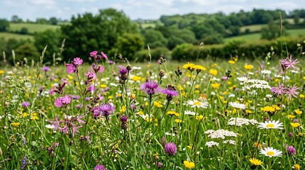 Obraz premium Colorful wildflowers blooming in a sunny meadow field
