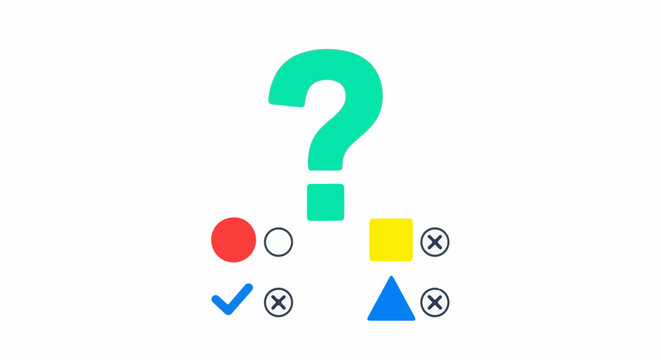 A large turquoise question mark hovers above a selection of colored shapes