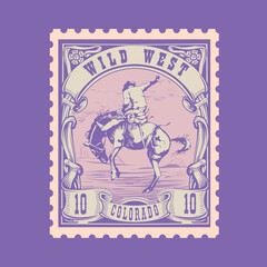 Obraz premium Vintage Wild West Cowboy Rodeo Postage Stamp Vector - Colorado