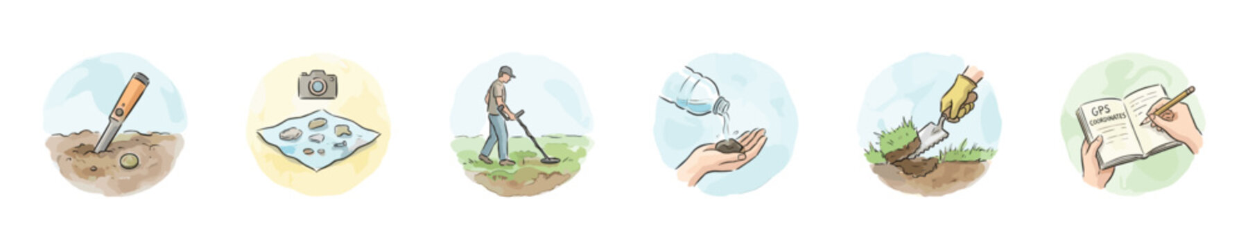 Archaeological survey and excavation process illustrated step-by-step
