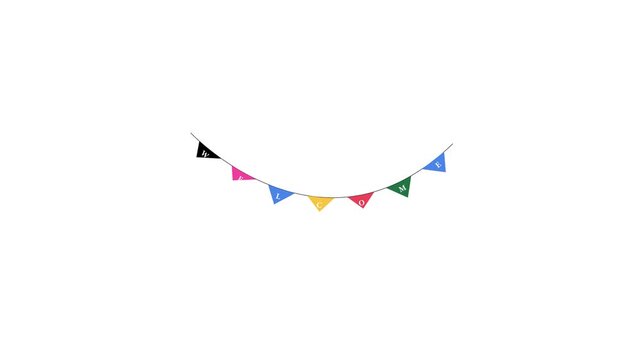 Colorful triangular pennant banner with black, pink, blue, yellow, red, green flags on a white background animation 4k stock video