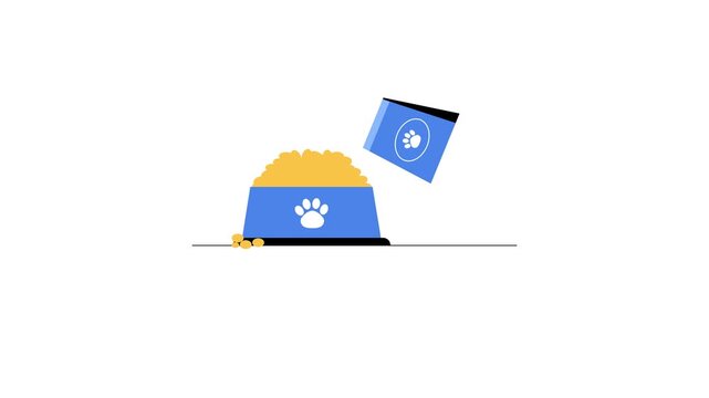 Vector illustration of dog food bowl and bag on white background animation 4k stock video