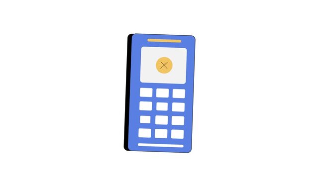 A blue cartoon calculator with a white screen and yellow button on a white background animation 4k stock video